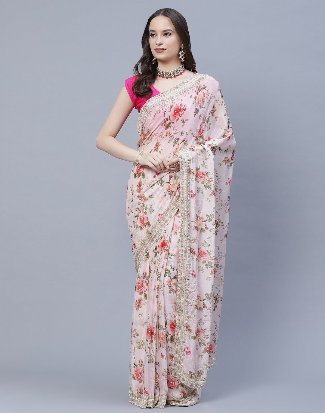 Digital Floral Printed Crepe Saree with Silver Zari Embroidery