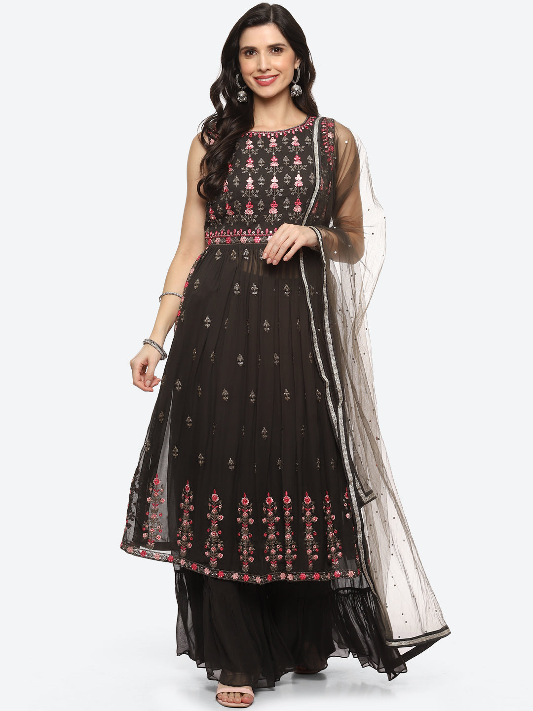 Resham Mirror Booti Georgette Kurta With Churidar &amp; Net Dupatta
