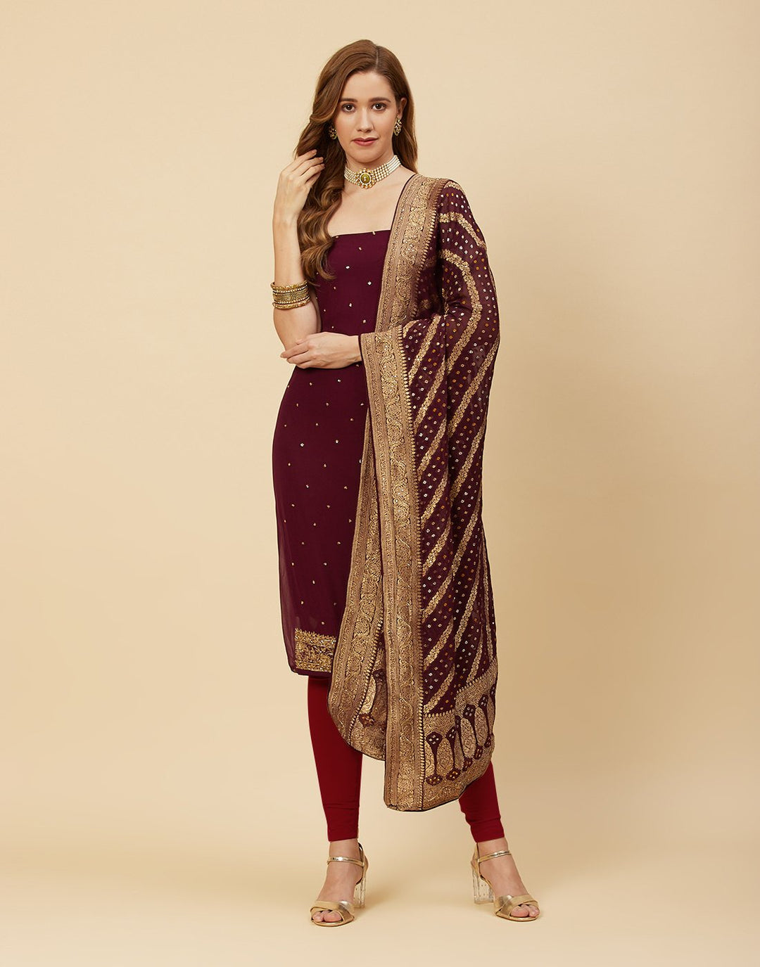 Embroidered Georgette Suit Piece With Bandhini Dupatta