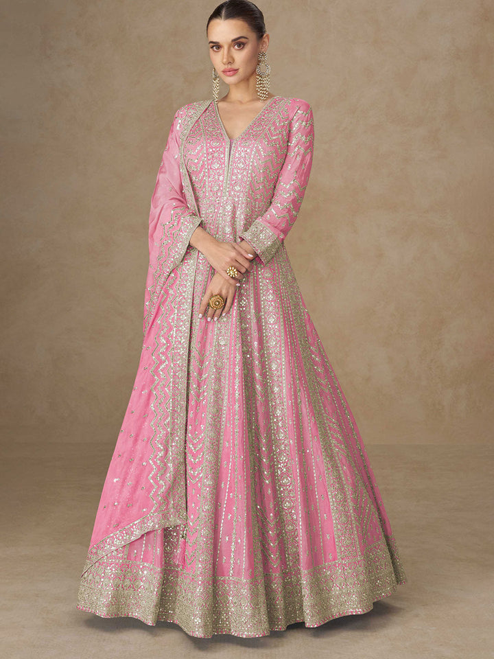 Embroidered Chinon Suit With Pant &amp; Dupatta