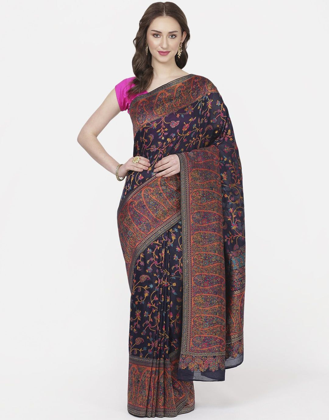 Navy Blue Woven Tussar Pashmina Saree