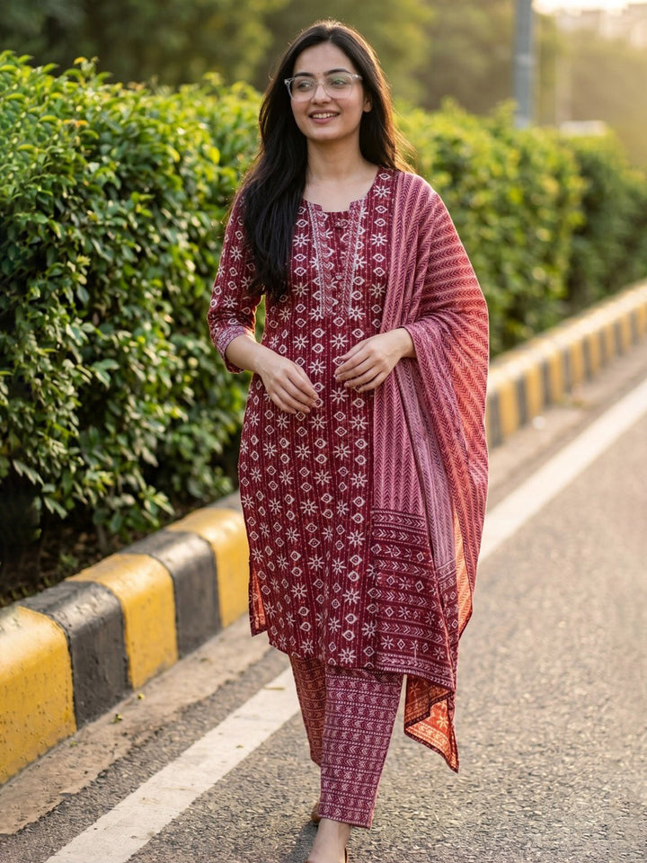 Maroon Printed Cotton Blend Straight V Neck Suit Set