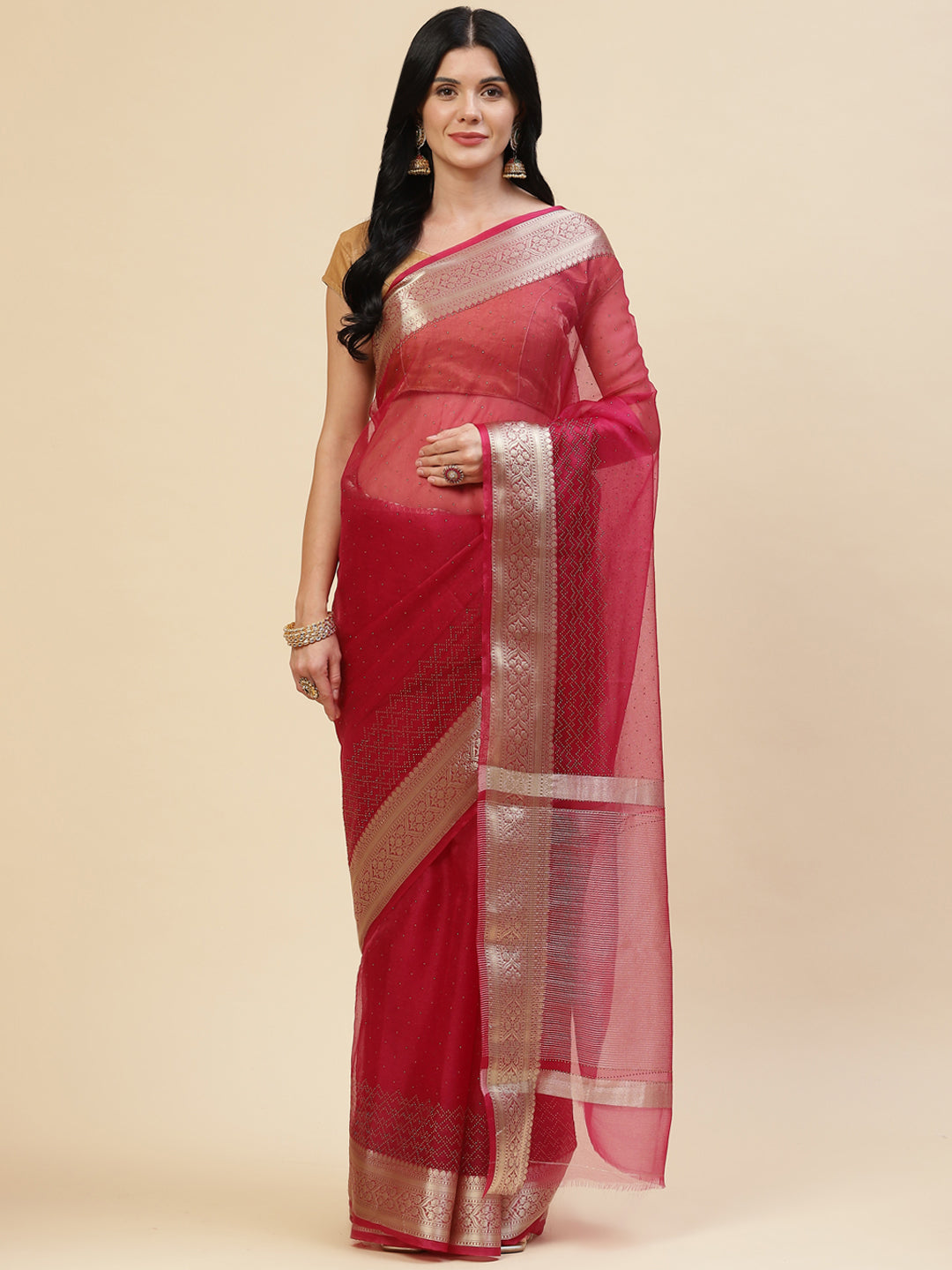Stone Work Plain Organza Saree
