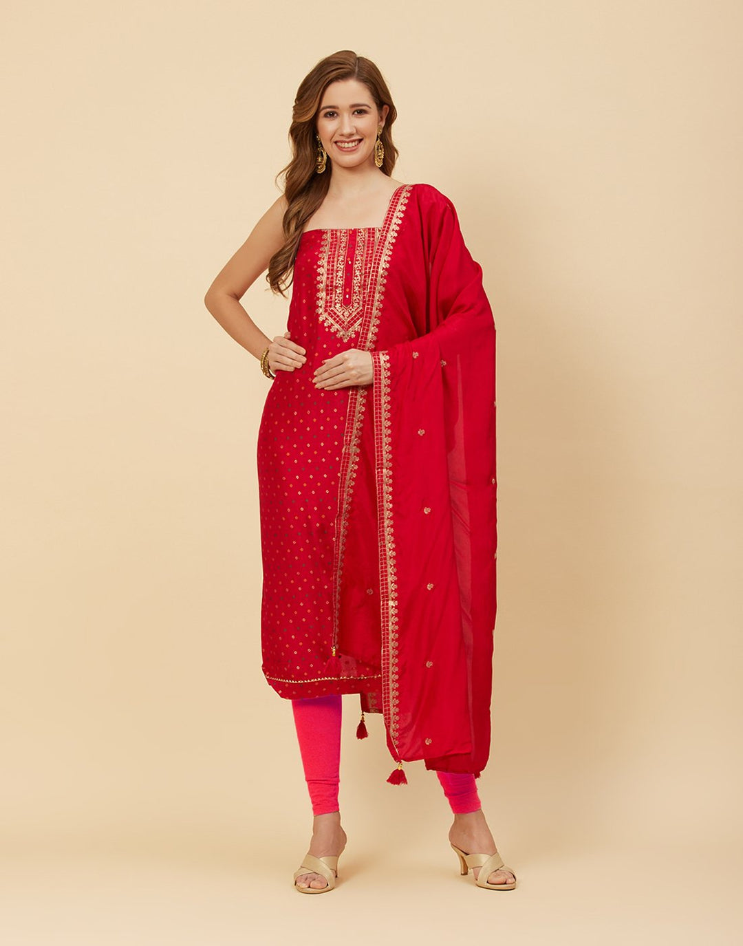 Embroidered Chanderi Suit Piece With Dupatta