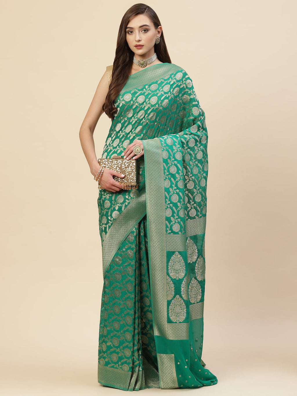 Floral Zari Jaal Georgette  Plain Saree