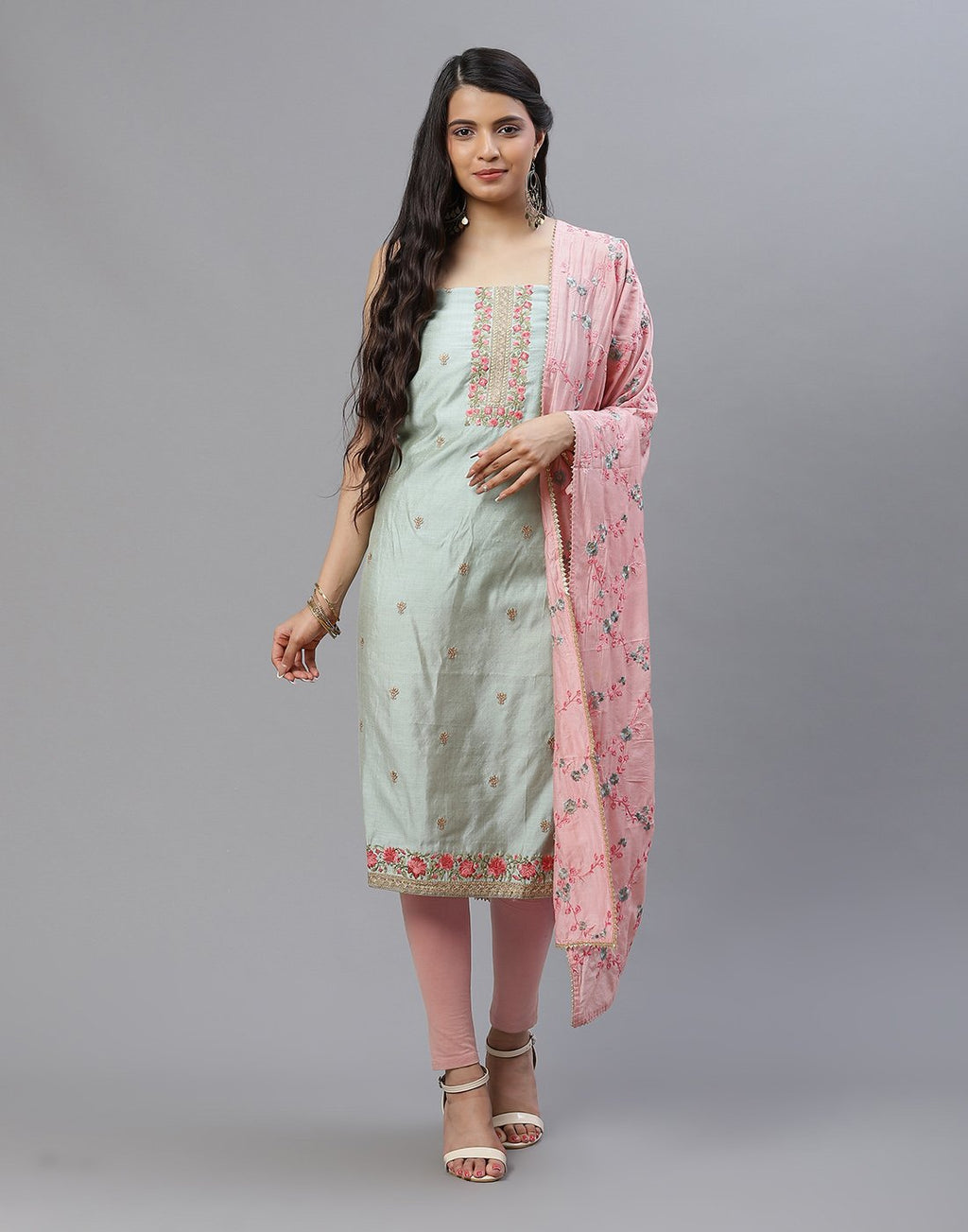 Embroidered Chanderi Suit Piece With Dupatta
