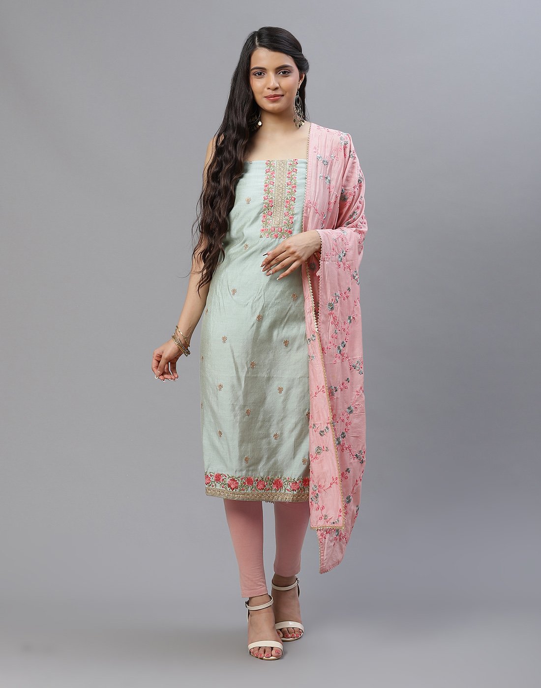 Embroidered Chanderi Suit Piece With Dupatta
