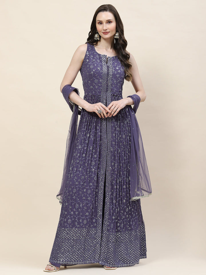Resham Sequin Embroidery Georgette Kurta With Palazzo &amp; Dupatta