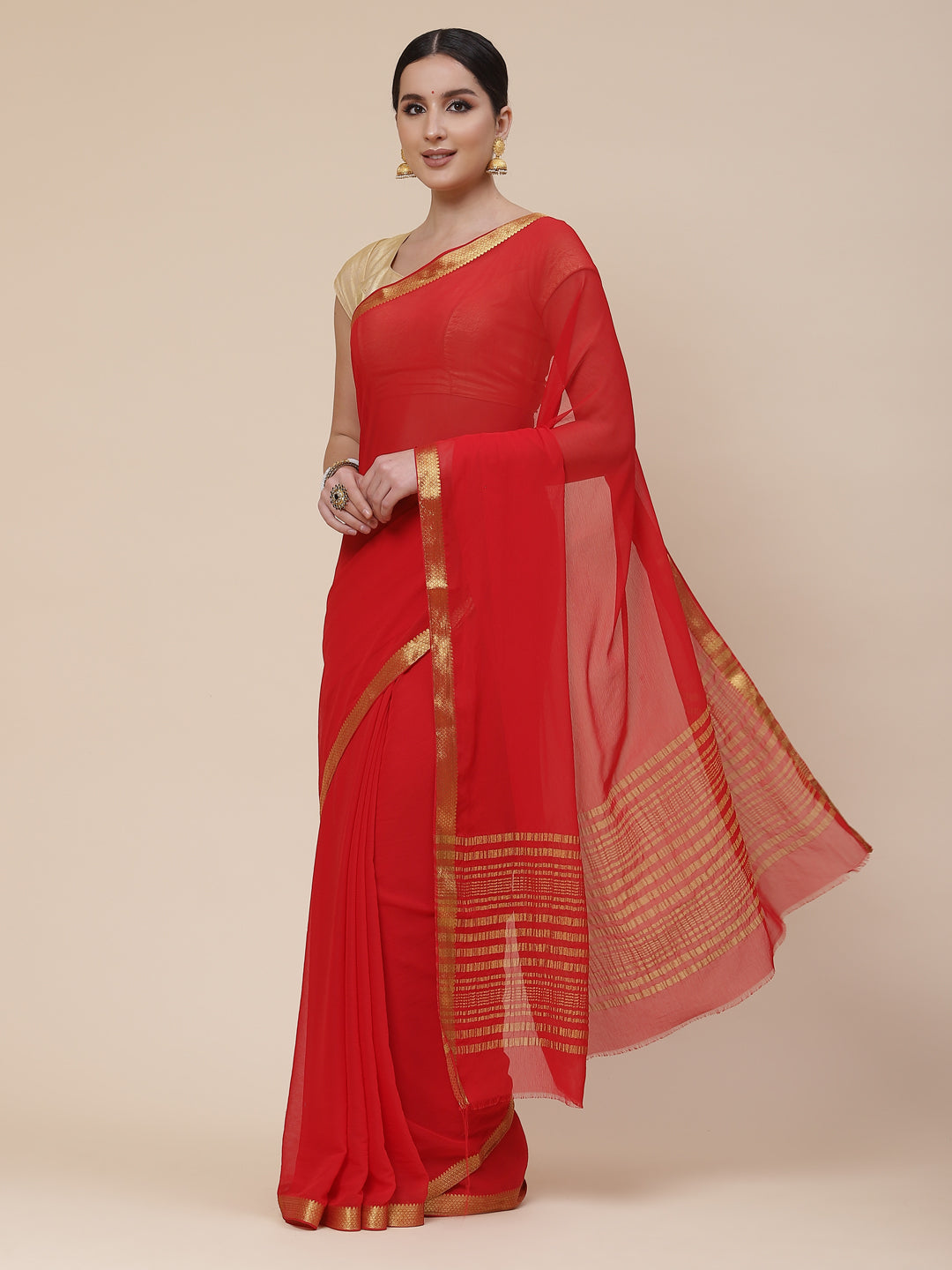 Piped Border Chiffon Plain Saree
