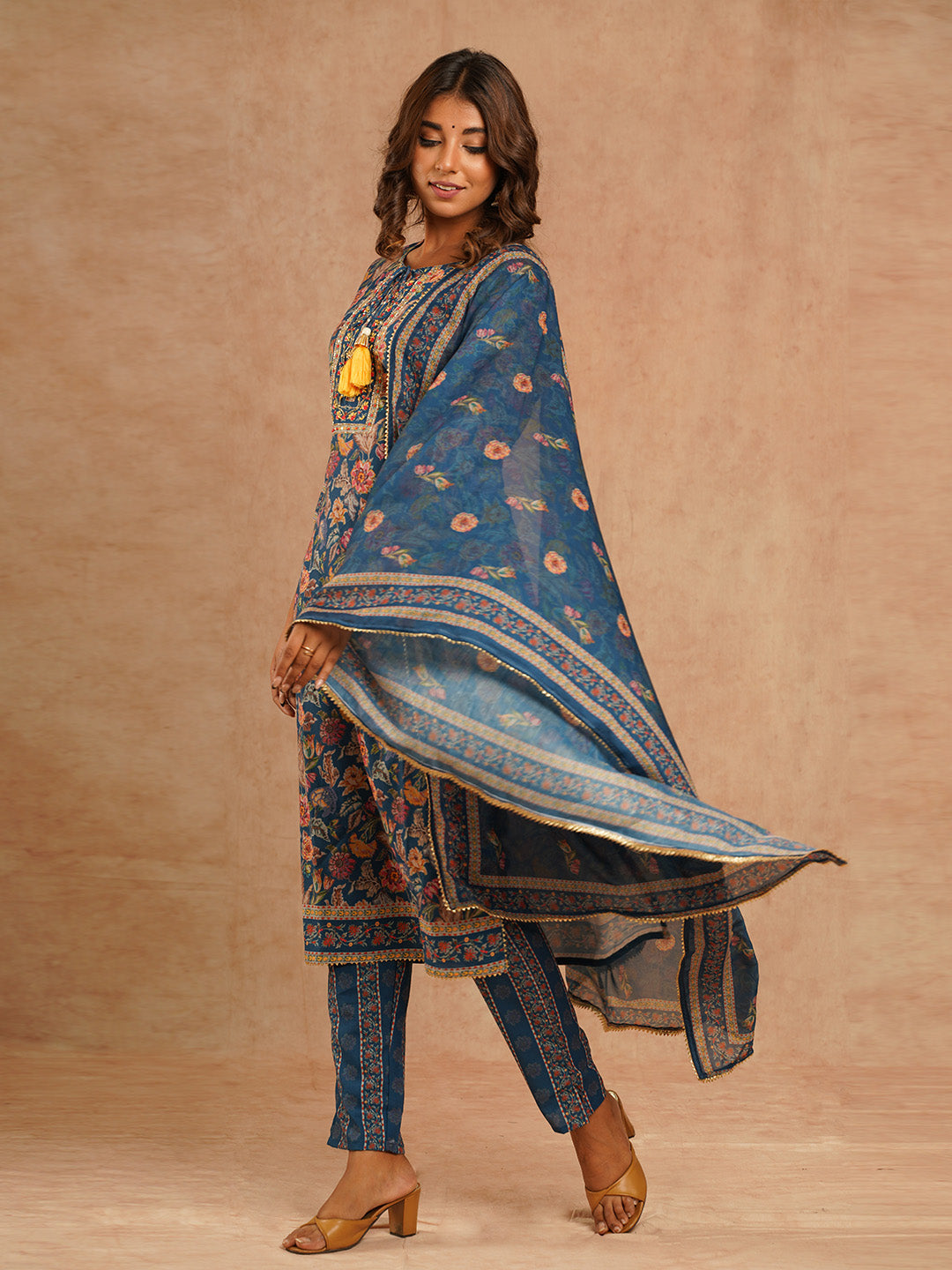 Floral Printed Muslin Kurta With Pants &amp; Dupatta