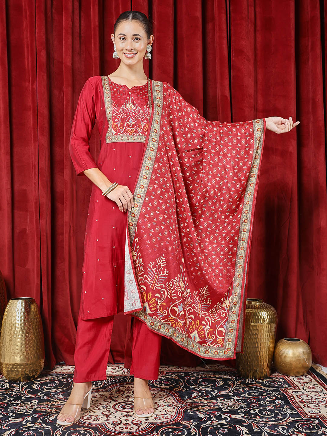 Printed Cotton Blend Kurta With Pants &amp; Dupatta