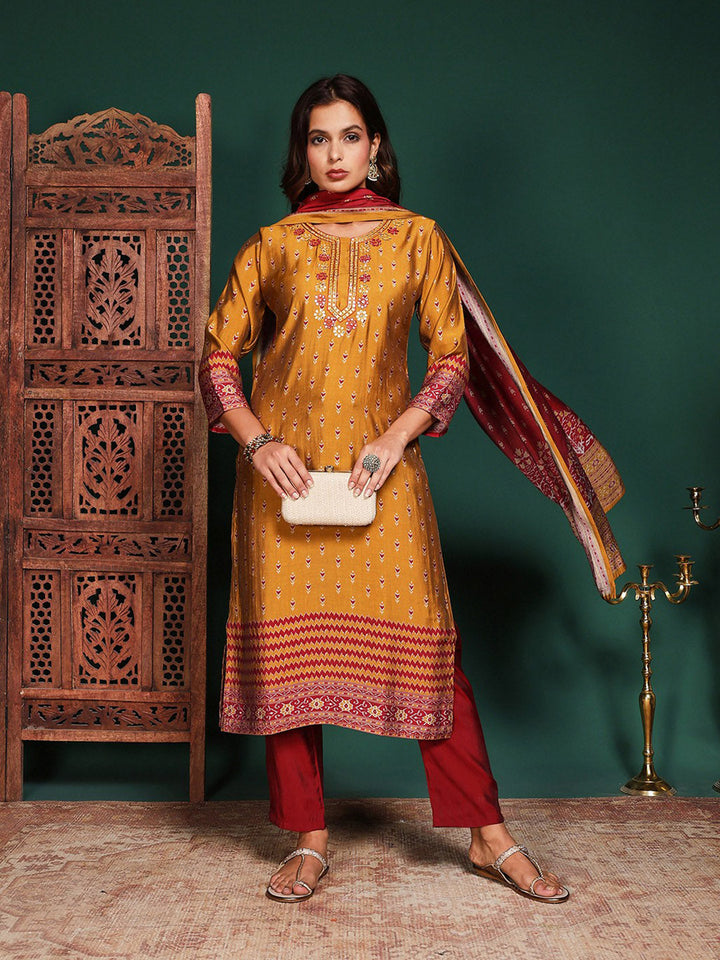 Floral Printed Art Silk Kurta With Pant &amp; Dupatta