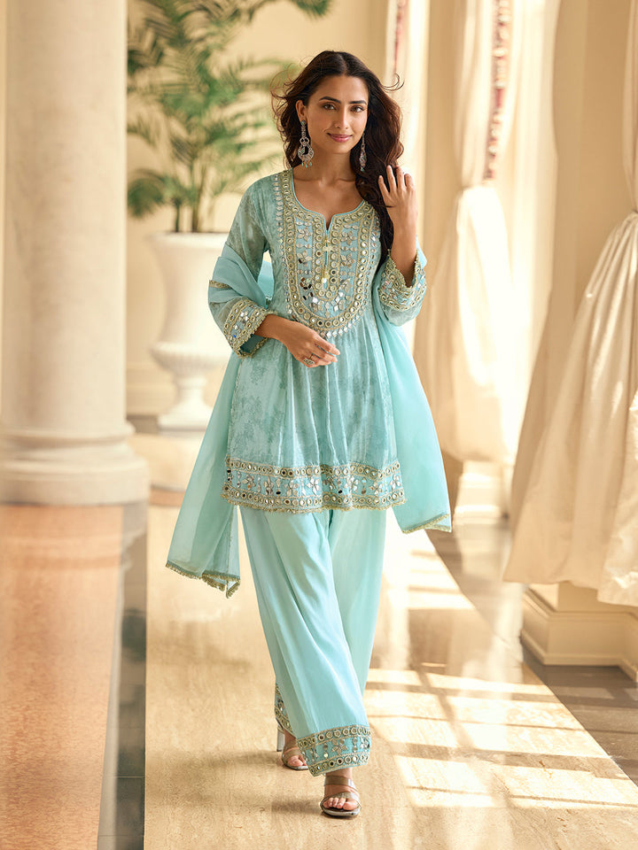 Embroidered Art Silk Kurta With Pant &amp; Dupatta