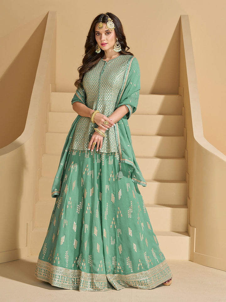 Embroidered Georgette Kurti With Skirt &amp; Dupatta