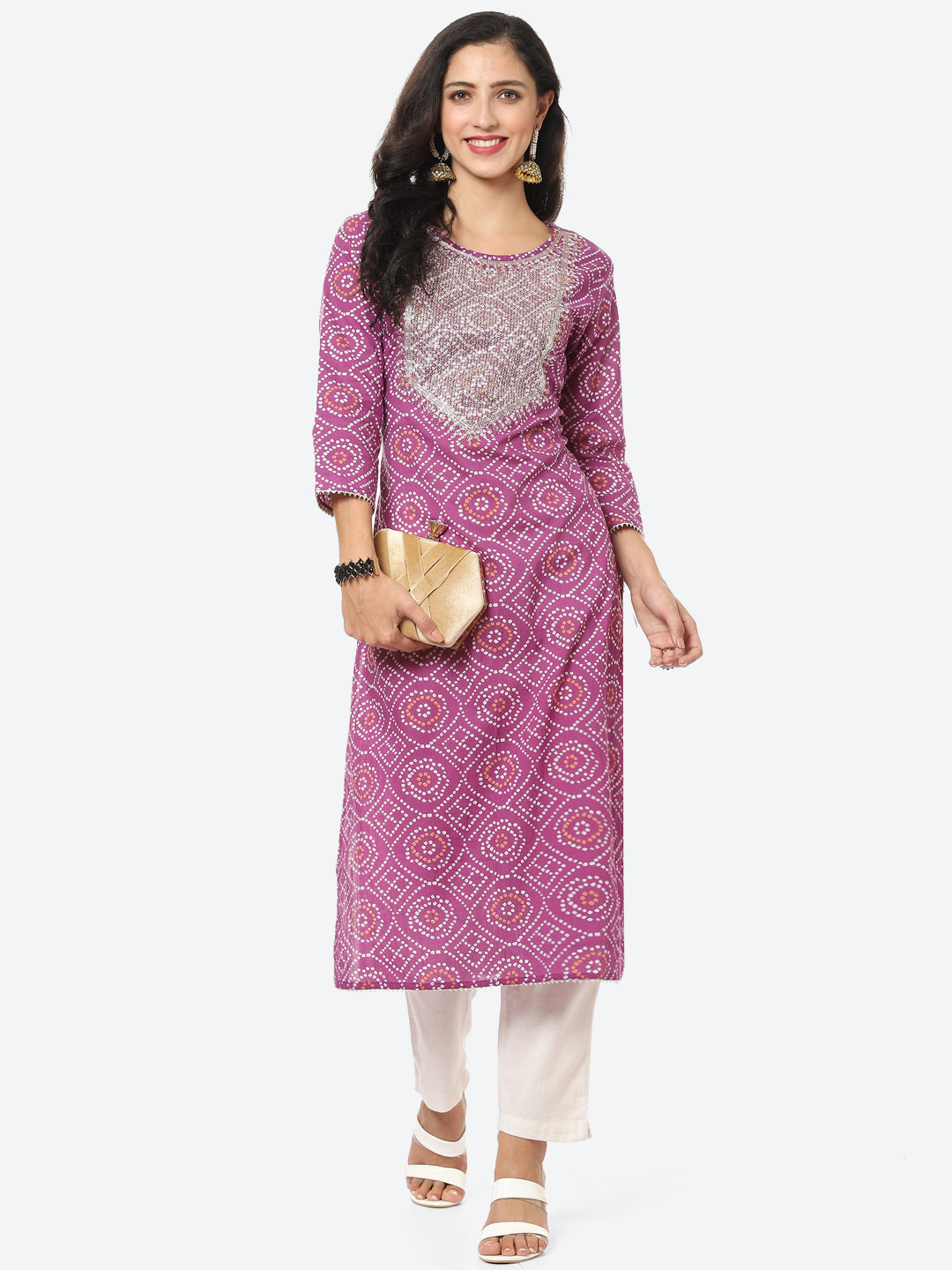 Yoke Embroided Bandhani Printed Cotton Kurti