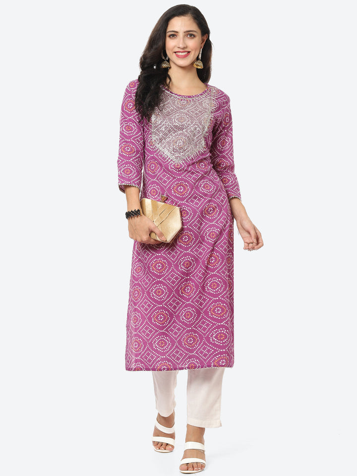 Yoke Embroided Bandhani Printed Cotton Kurti