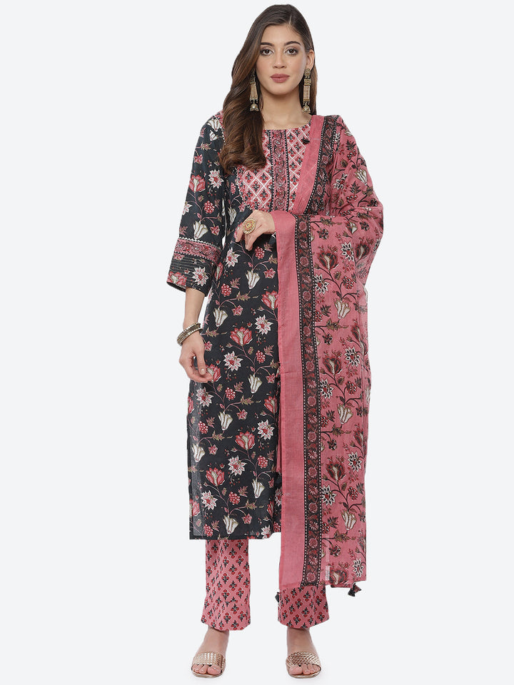 Floral Printed Cotton Stitched Salwar Kameez With Printed Cotton Dupatta