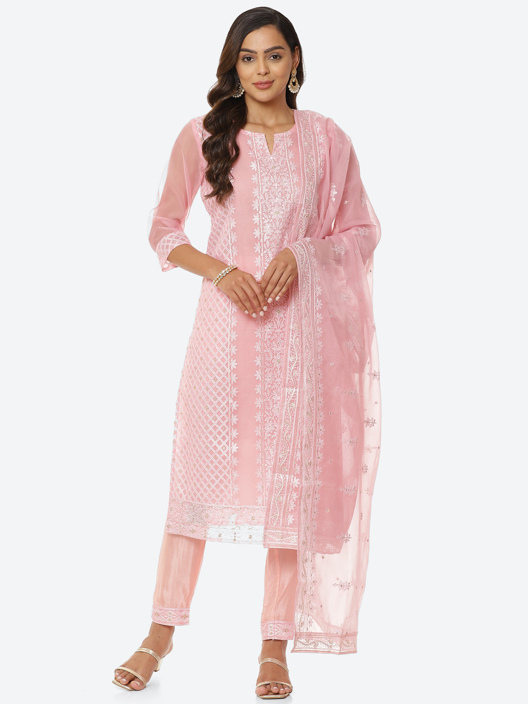 Resham Booti Organza Kurta With Pant &amp; Dupatta