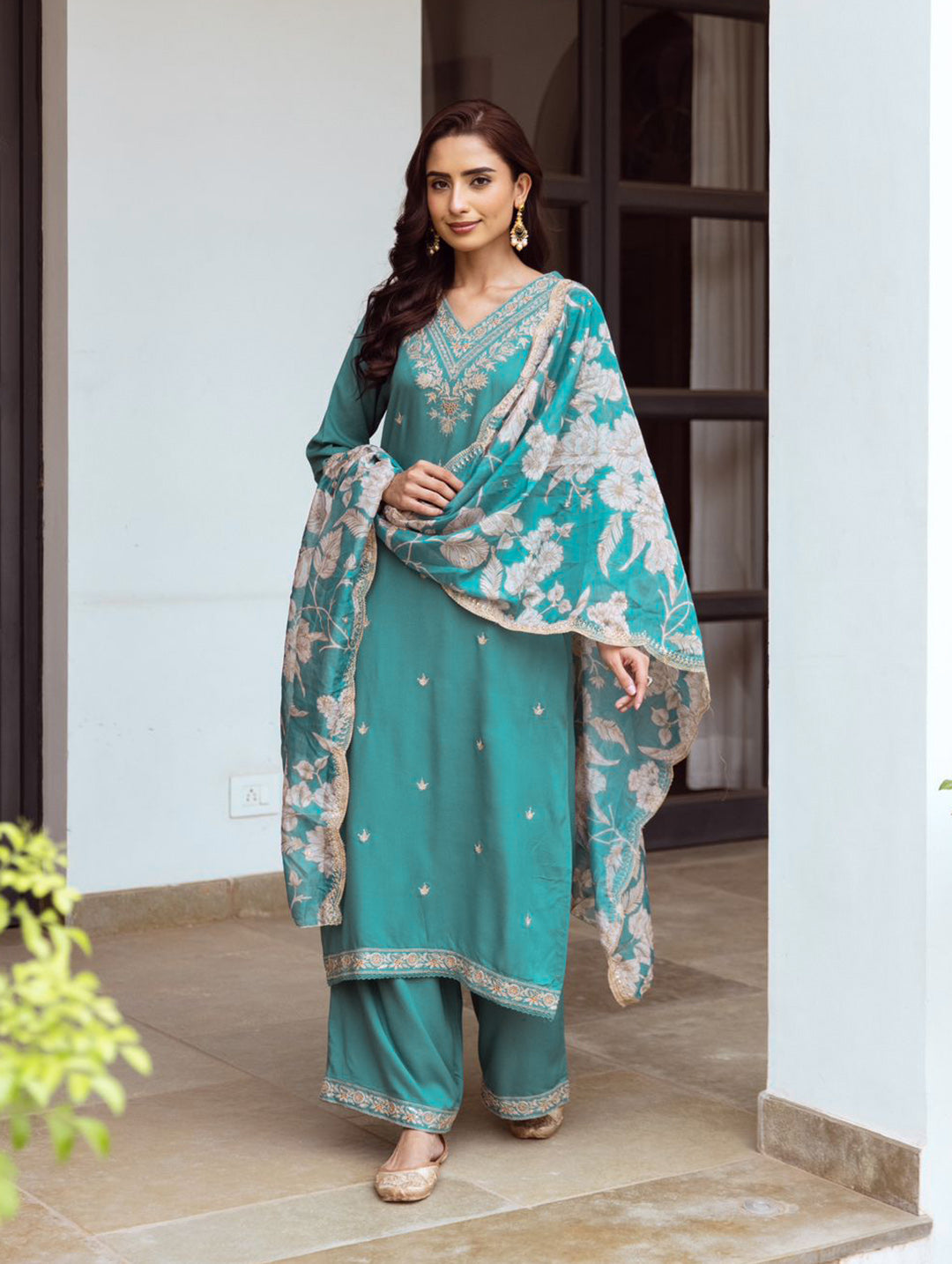 Neck Embroidery Cotton Blend Kurta With Pants &amp; Dupatta