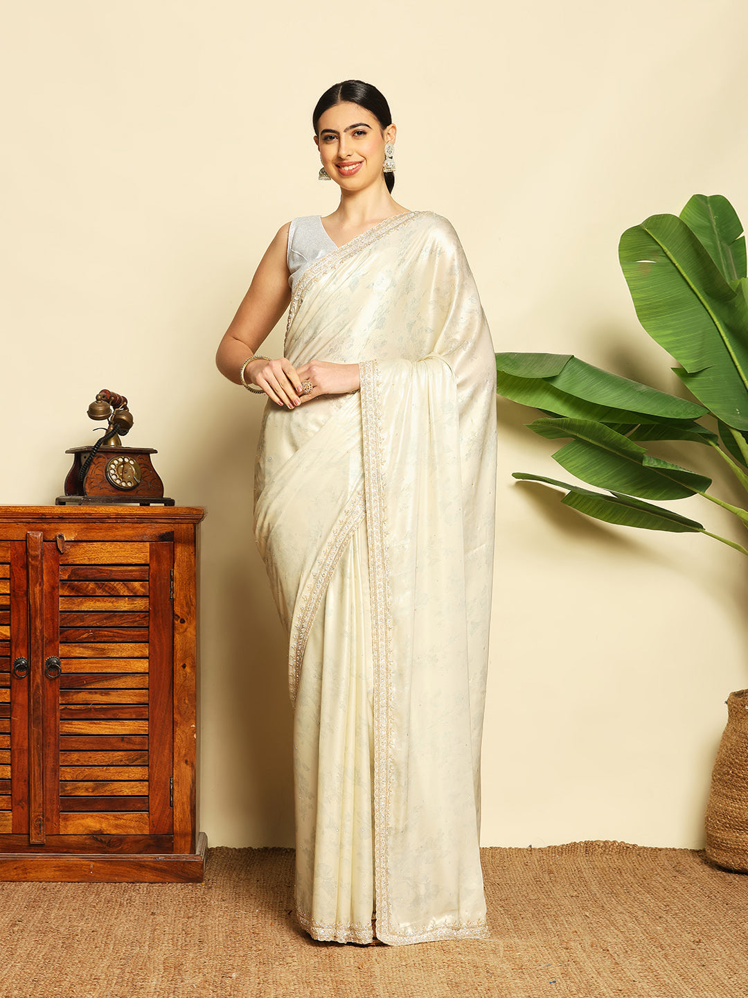 Floral Printed &amp; Embellished Work Tissue Saree