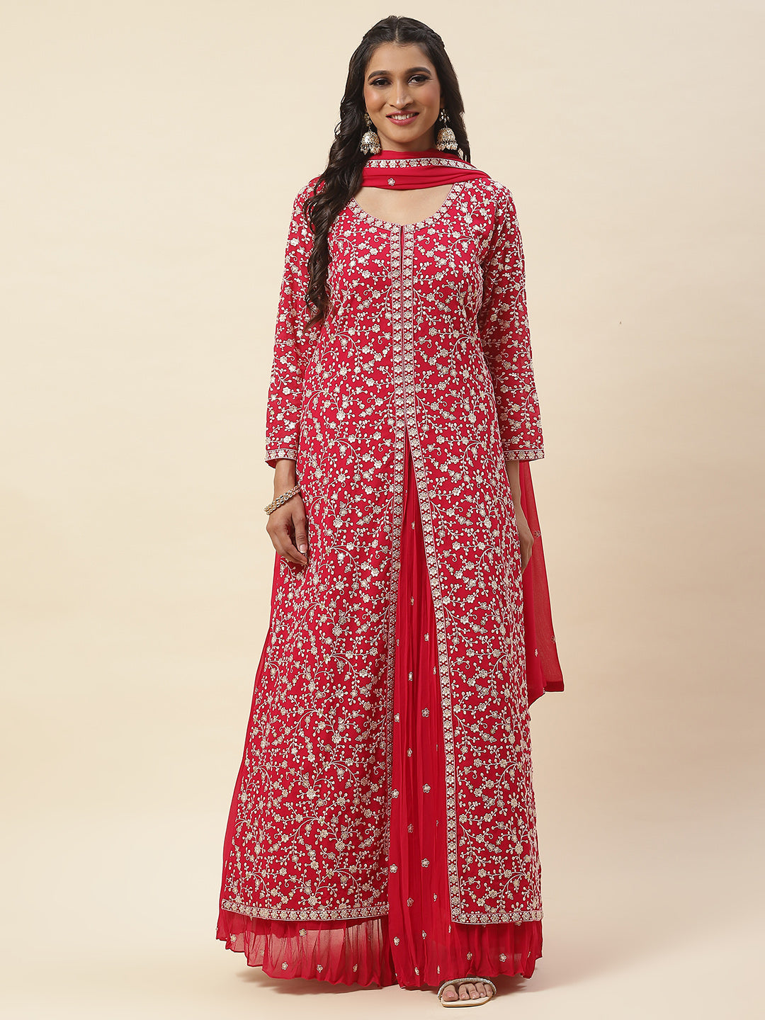 Embroidered Georgette Kurta With Skirt & Dupatta