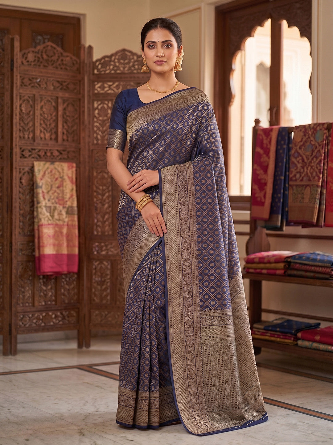 Navy Blue Woven Design Art Silk Kanjivaram Saree
