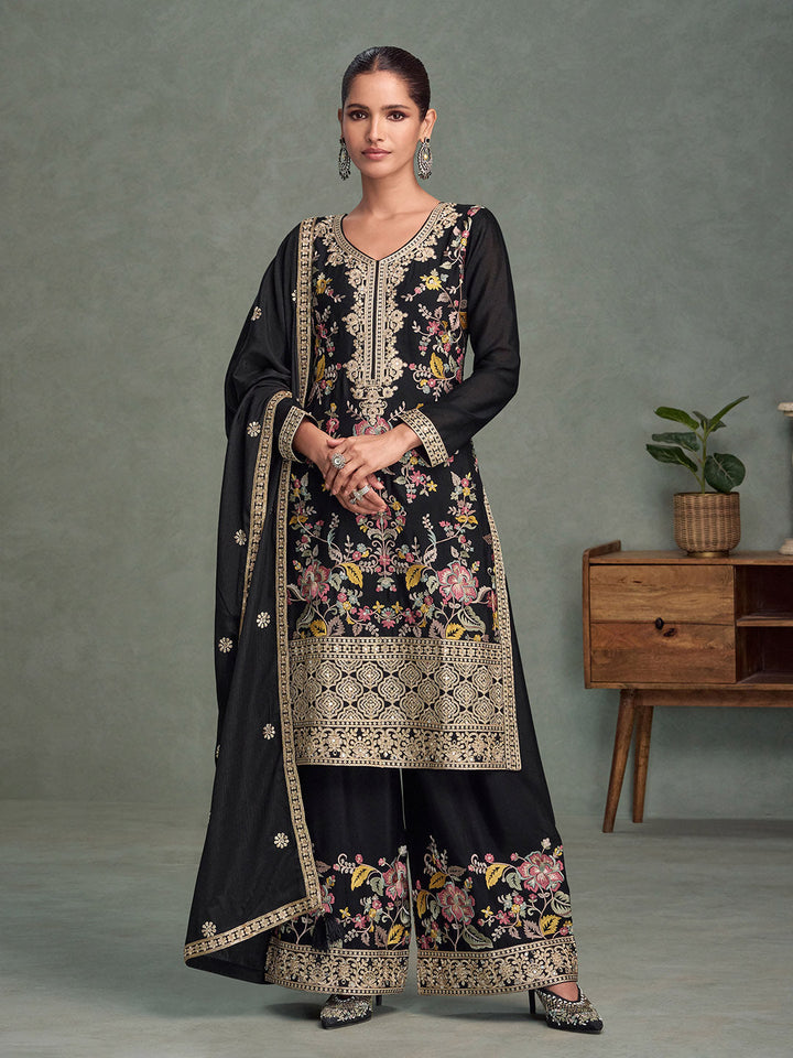 Embroidered Chinon Silk Kurta With Plazzo &amp; Dupatta