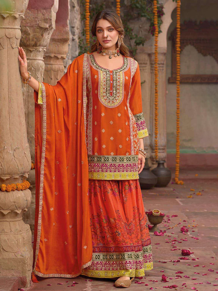 Embroidered Chinnon Silk Kurti With Gharara &amp; Dupatta