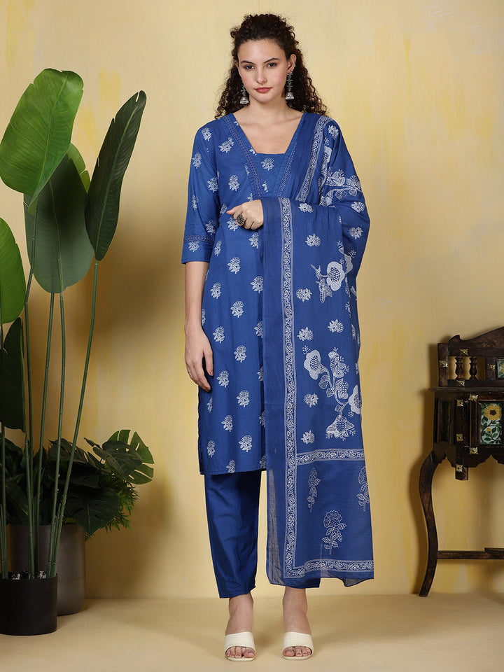 Printed Cotton Blend Kurta With Pants &amp; Dupatta