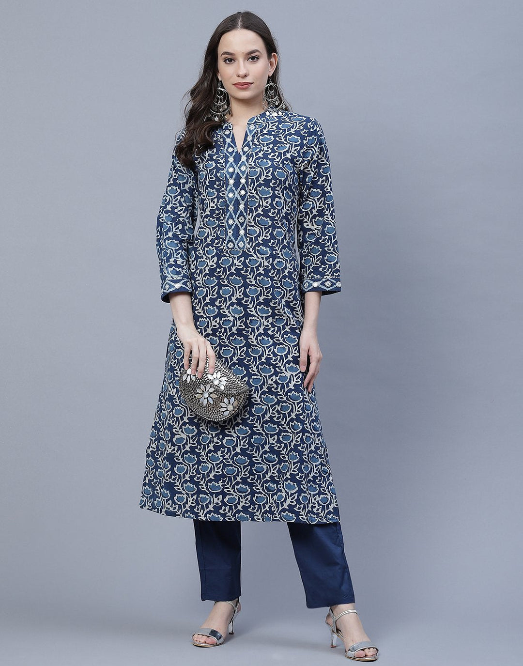 Indigo Cotton Printed Kurti Pant Set
