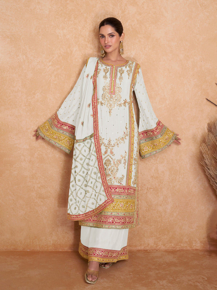 Embroidered Chinon Kurta With Plazzo &amp; Dupatta