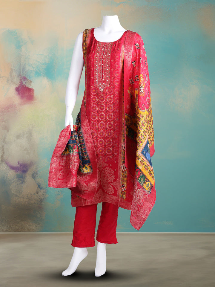 Embroidered Art Silk Kurta With Pant &amp; Dupatta