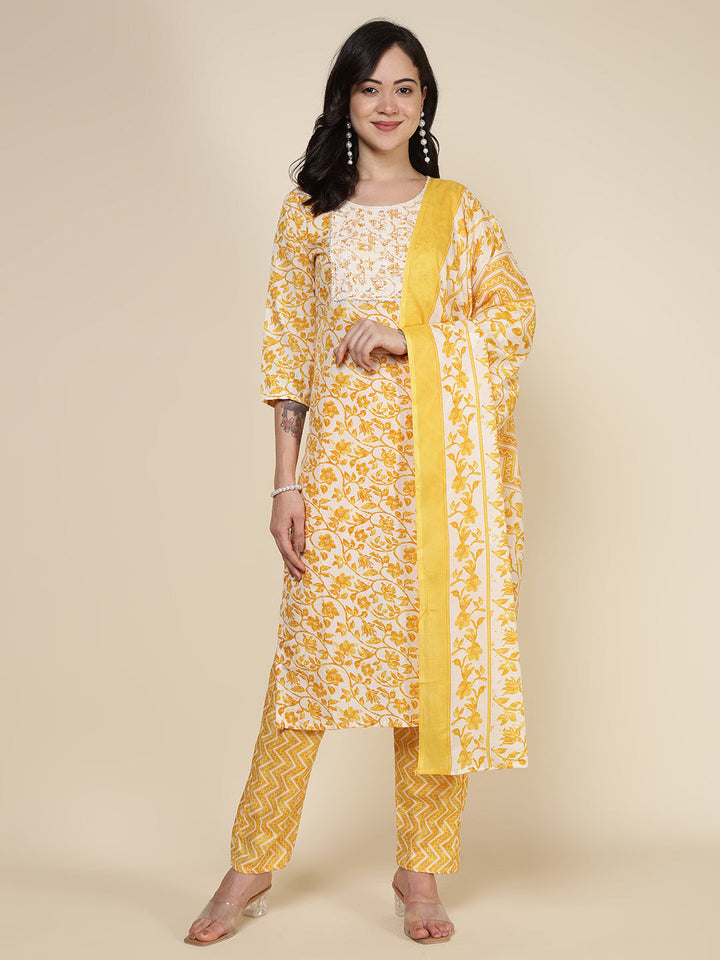 Printed Cotton Blend Kurta With Pants &amp; Dupatta