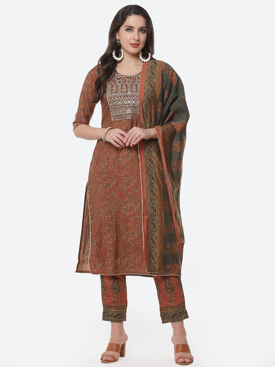 Cotton Muslin Printed Straight Kurti with Pant and Dupatta