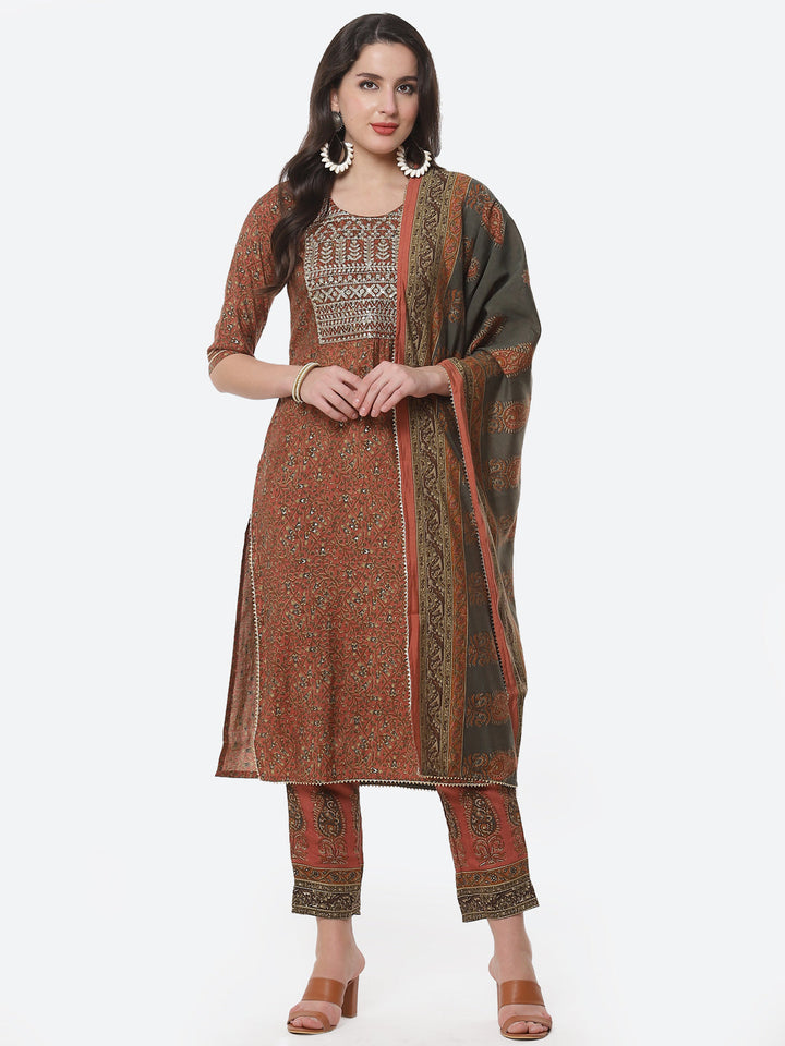 Cotton Muslin Printed Straight Kurti with Pant and Dupatta