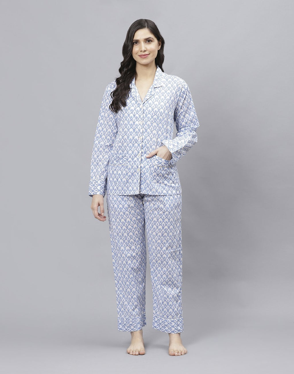 Blue Cotton Printed Comfort Wear