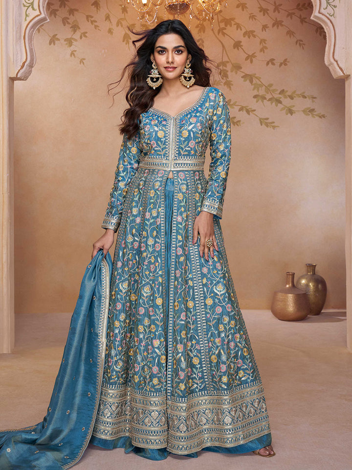 Embroidered Georgette Choli With Skirt &amp; Dupatta &amp; Jacket