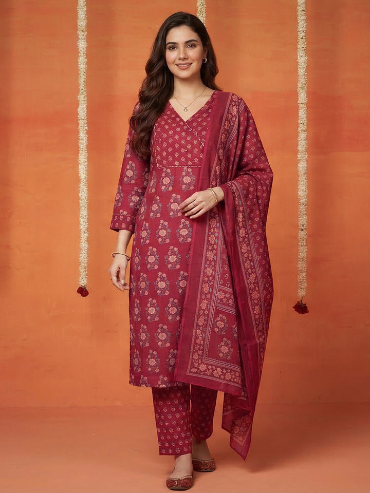 Printed Cotton Blend Kurta With Pant &amp; Dupatta