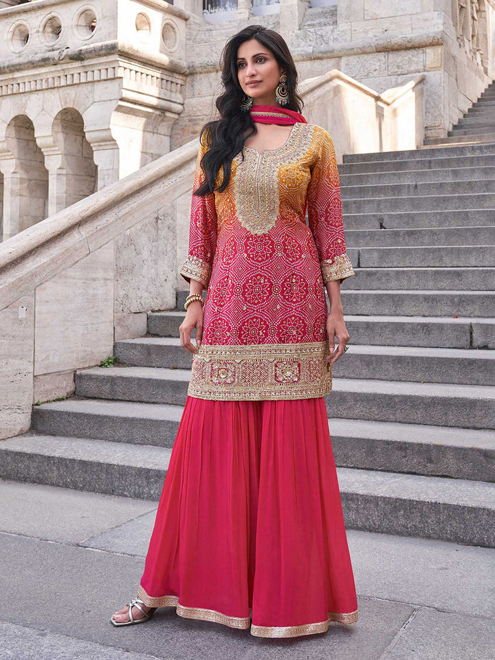 Embroidered Shimmer Kurti With Plazzo &amp; Dupatta