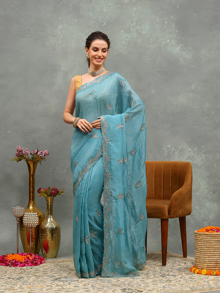 Thread Embroidered Chiffon Saree