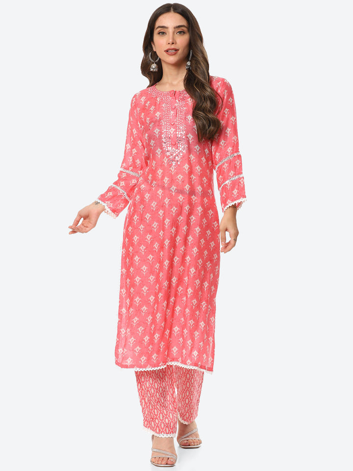 Printed Neck Embroidered Muslin Kurta With Pant