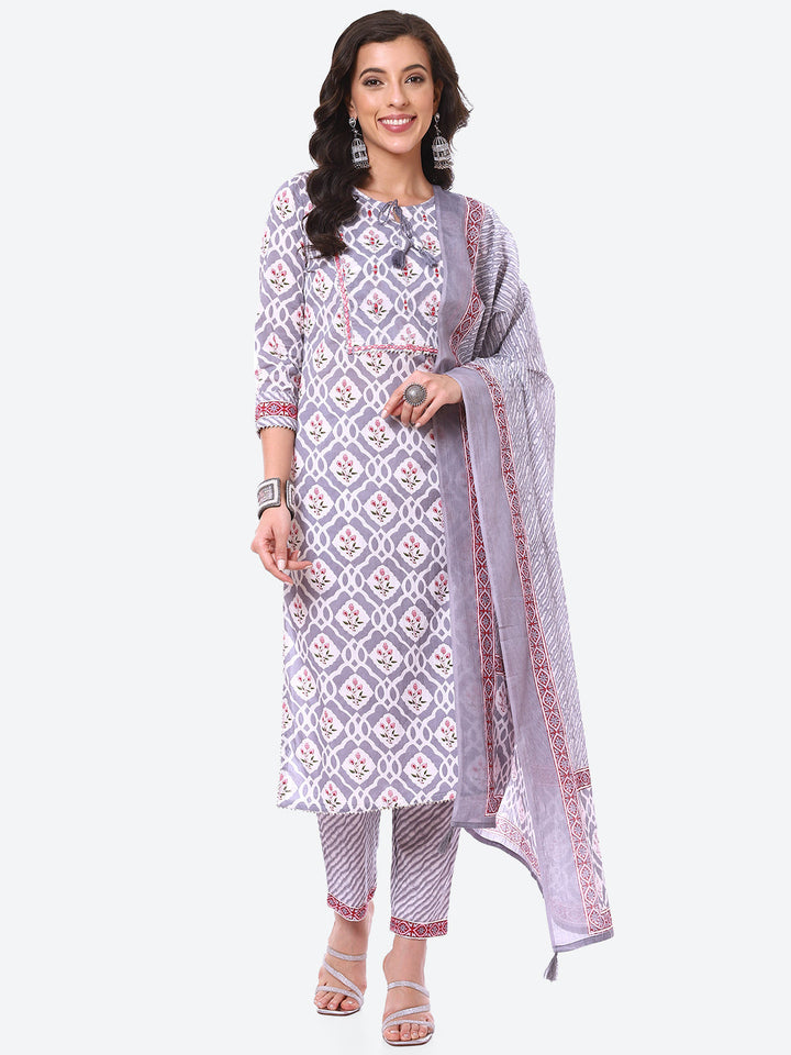 Floral Booti Printed Cotton Kurta With Pant &amp; Dupatta