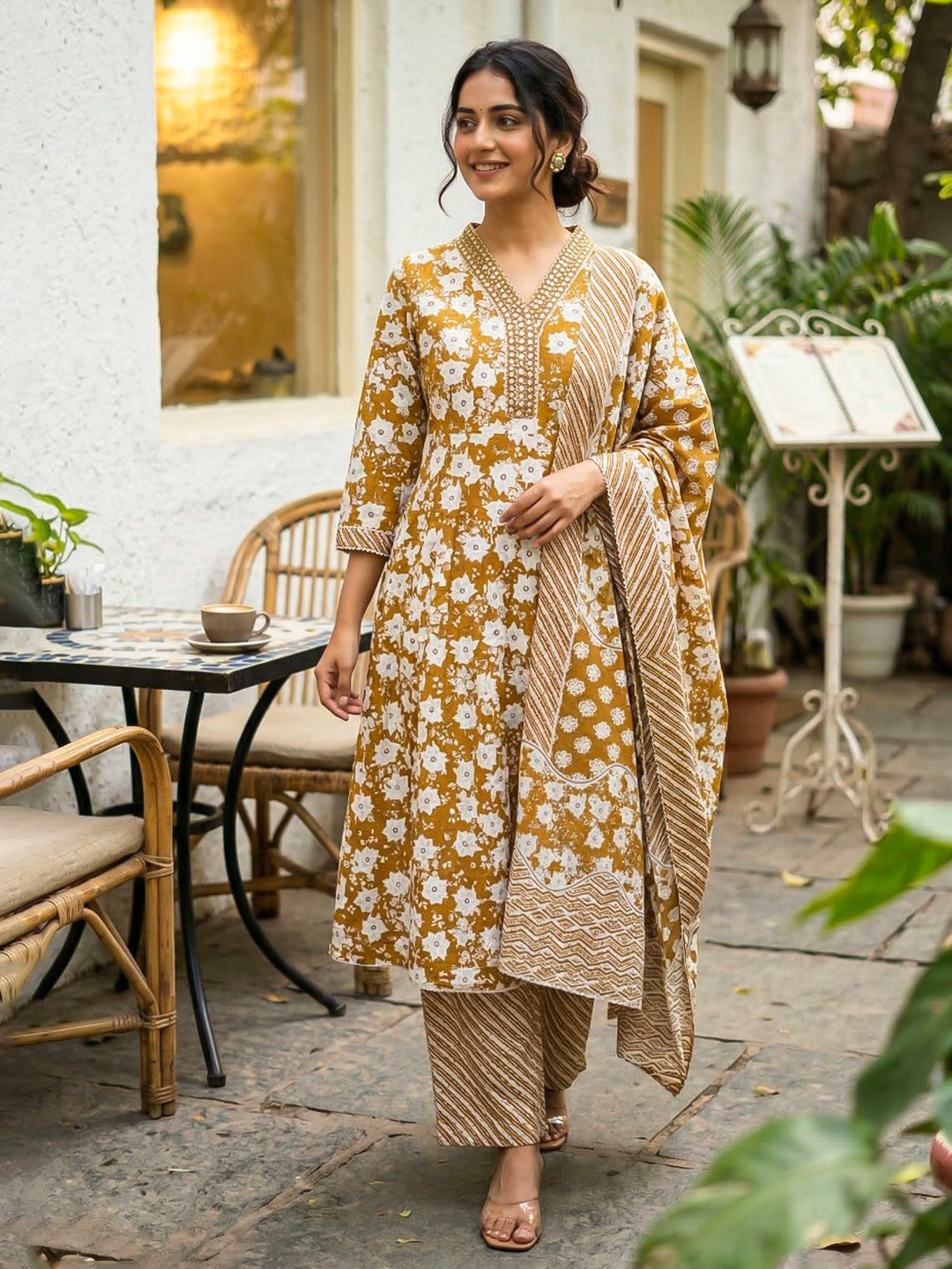 Printed Cotton Blend Suit With Pant &amp; Dupatta