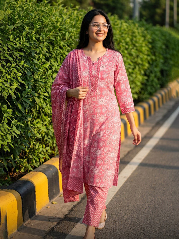 Pink Printed Cotton Blend Straight V Neck Suit Set