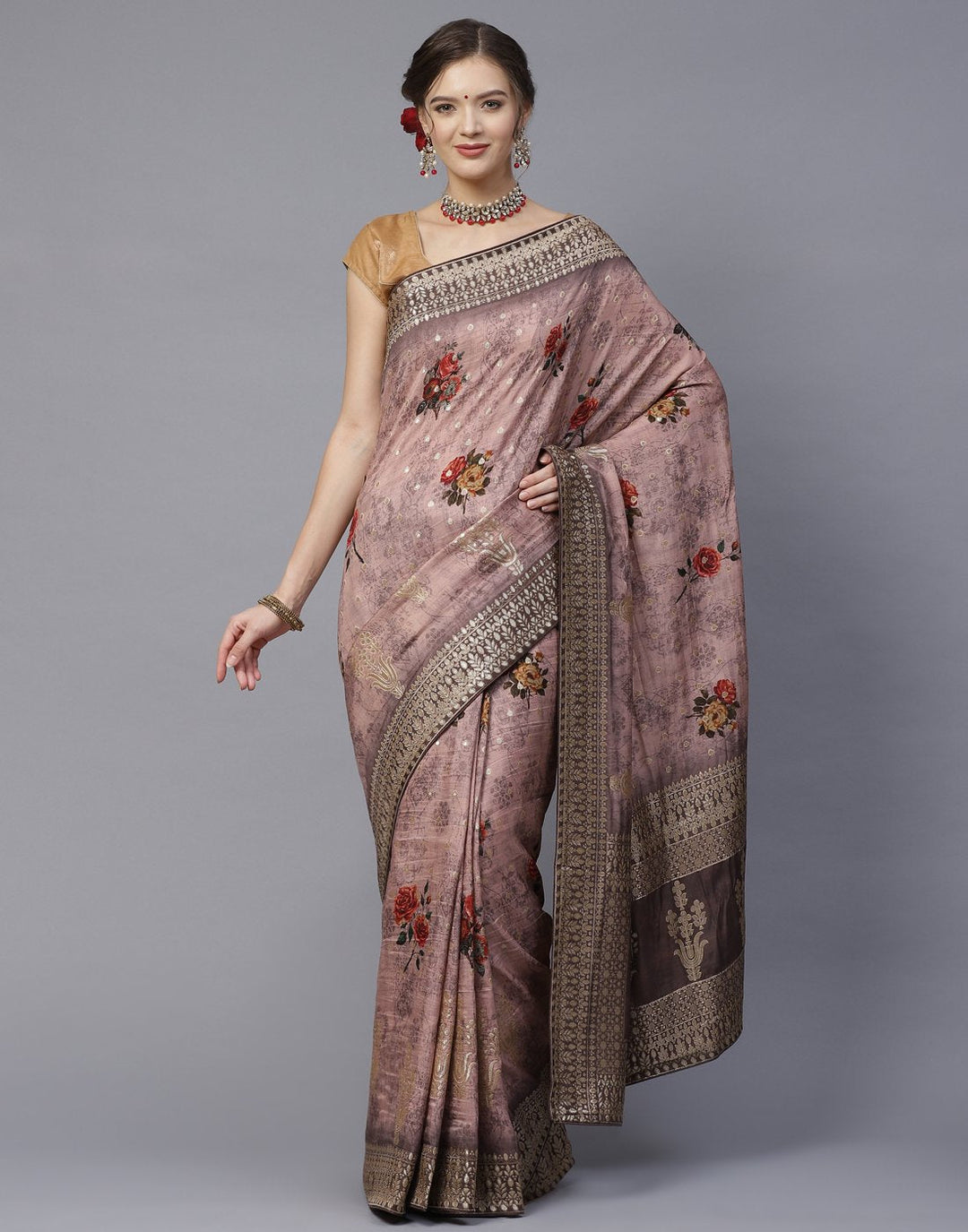 Digital Floral Printed Saree With Gota Patti Border