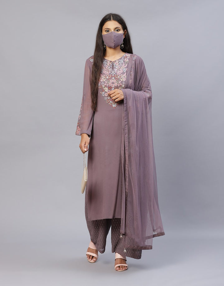 Embroidered Georgette Kurti Palazzo with Dupatta