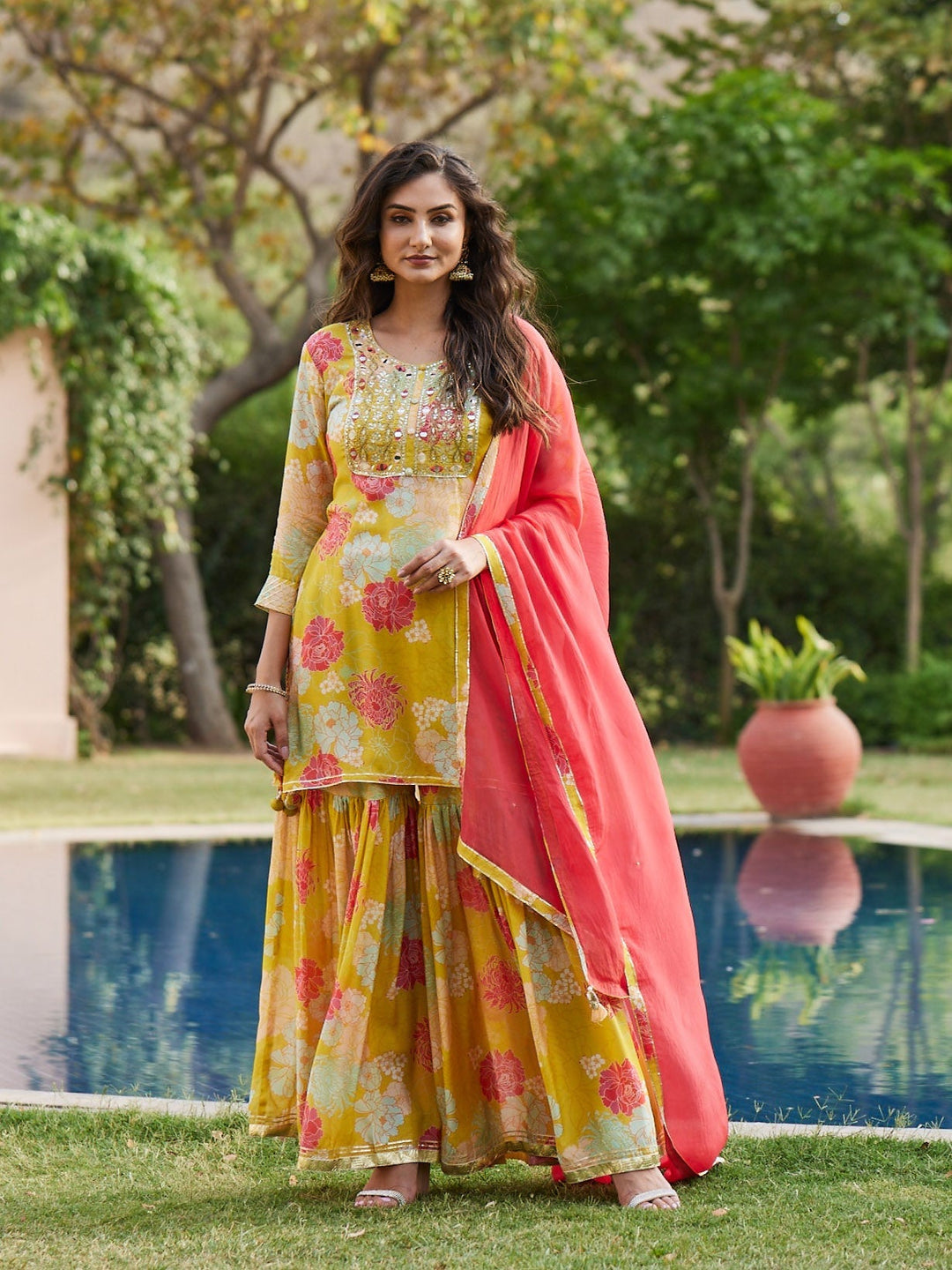 Floral Printed Cotton Kurta With Garara &amp; Dupatta