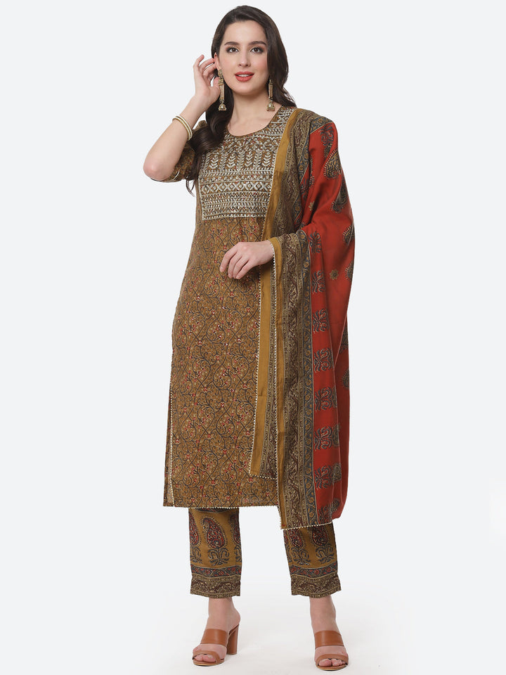 Cotton Muslin Printed Straight Kurti with Pant and Dupatta