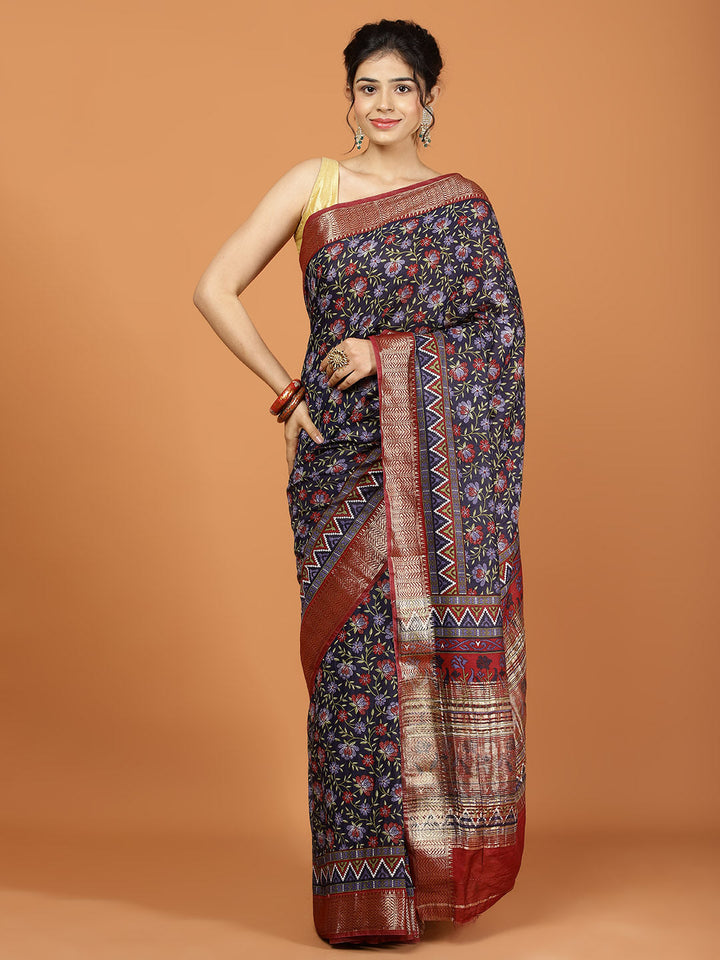 Floral Zari Border Printed Art Silk Woven Saree