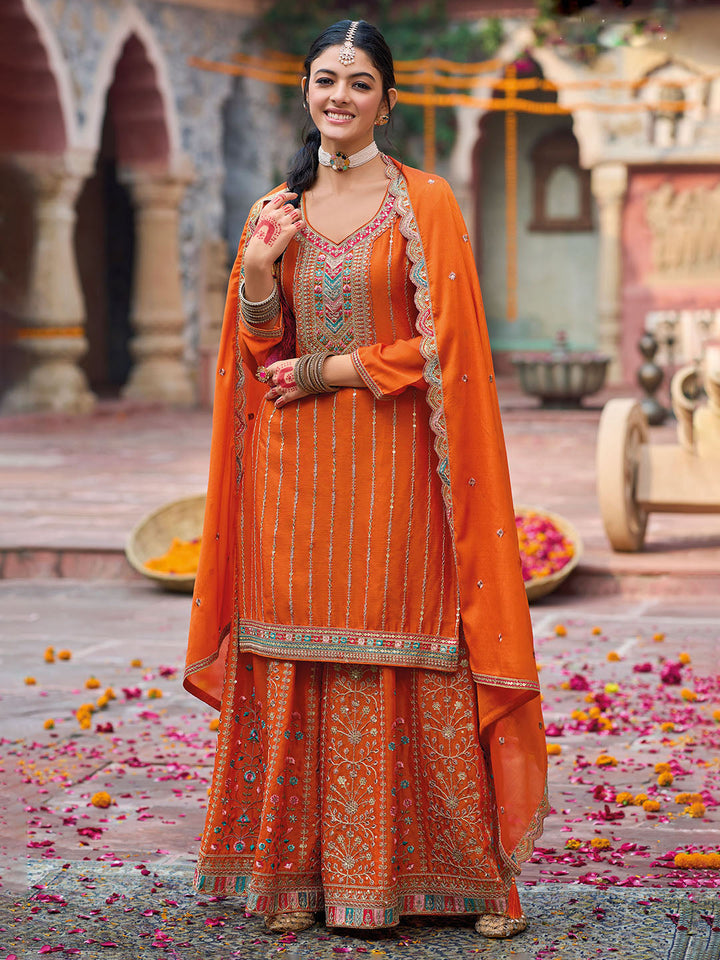 Embroidered Chinon Kurta With Plazzo &amp; Dupatta